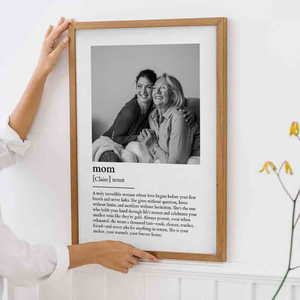Custom Photo Mom Definition poster, framed in a bright living room