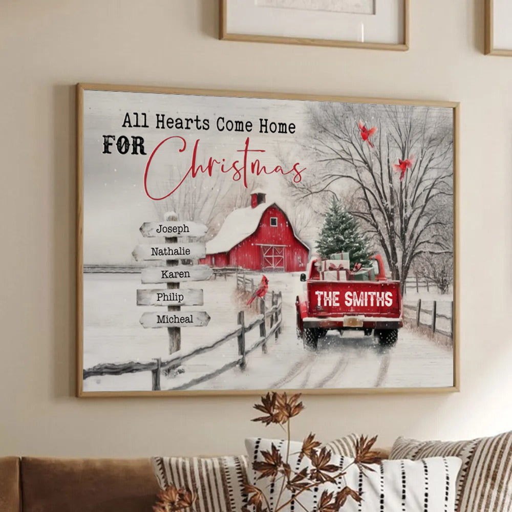 Personalized All Roads Lead Home At Christmas canvas print, framed in a bright living room