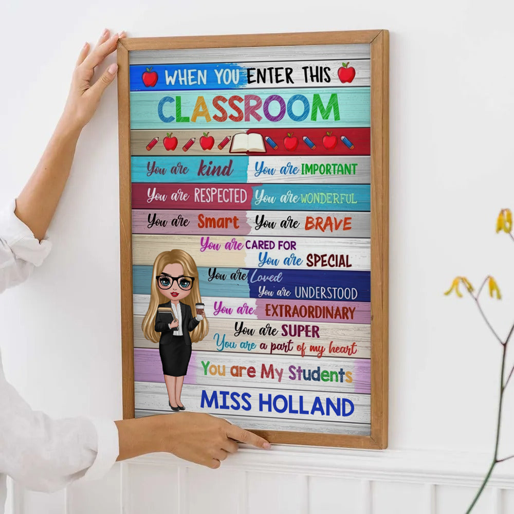 Personalized Colorful Doll Teacher Classroom Welcome poster, framed in a bright living room