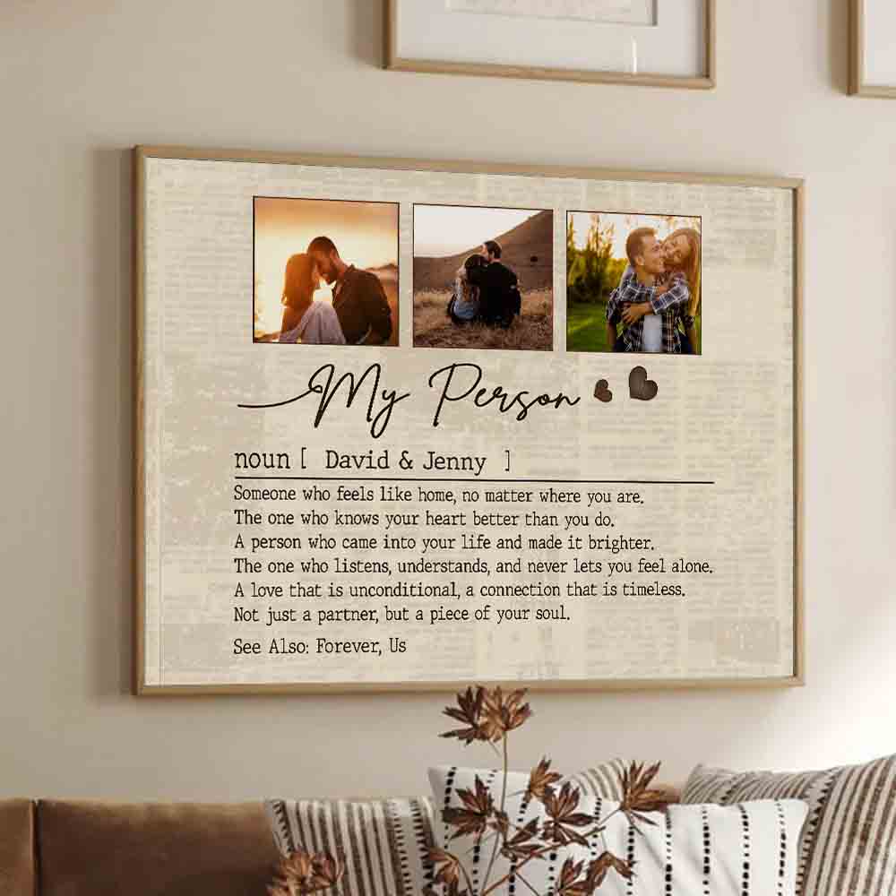 Custom Photo Couple My Person poster, framed in a bright living room