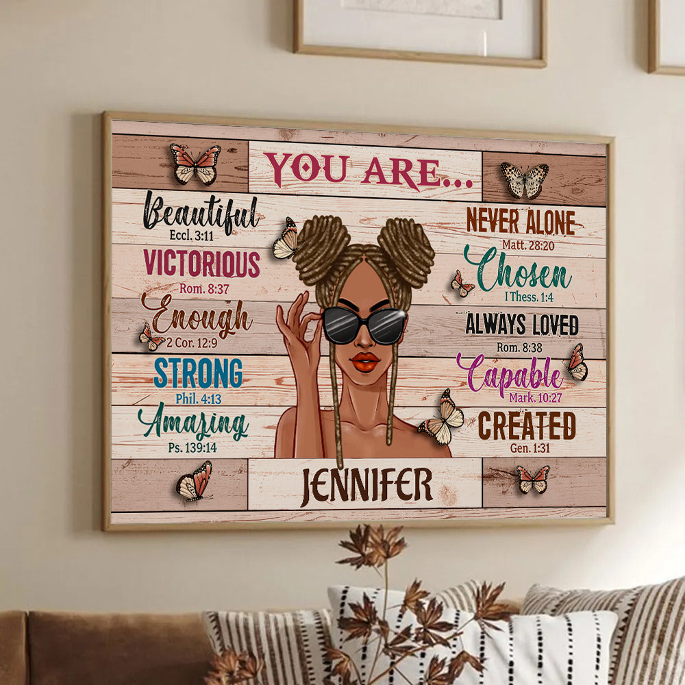 Personalized You Are Beautiful Victorious poster, framed in a bright living room