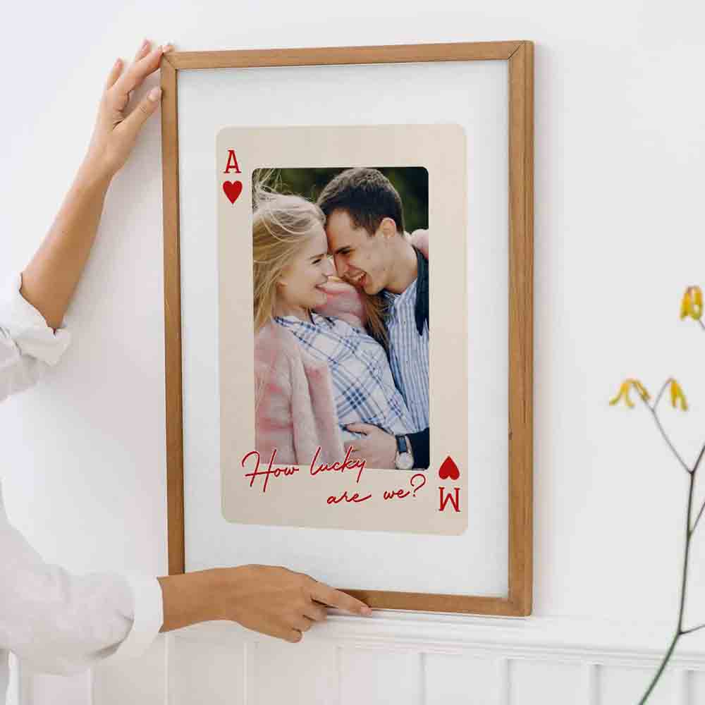 Custom Photo Couple King And Queen How Luck We Are poster, framed in a bright living room
