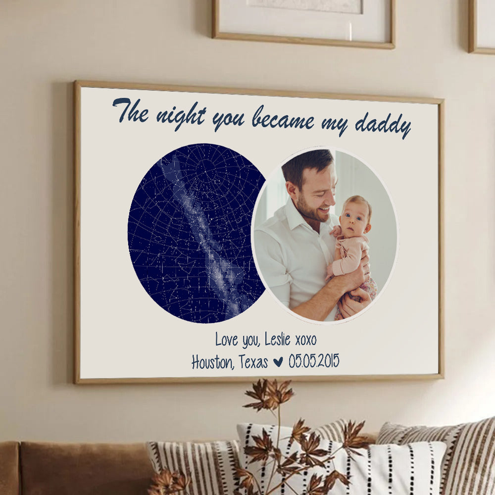 Custom Photo The Night You Became My Daddy poster, framed in a bright living room