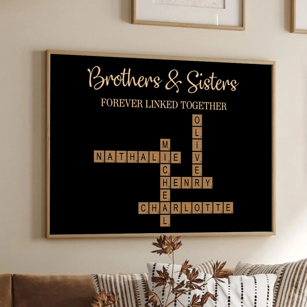 Personalized Crossword Puzzle Art Brothers & Sisters Forever Linked Toget canvas print, framed in a bright living room