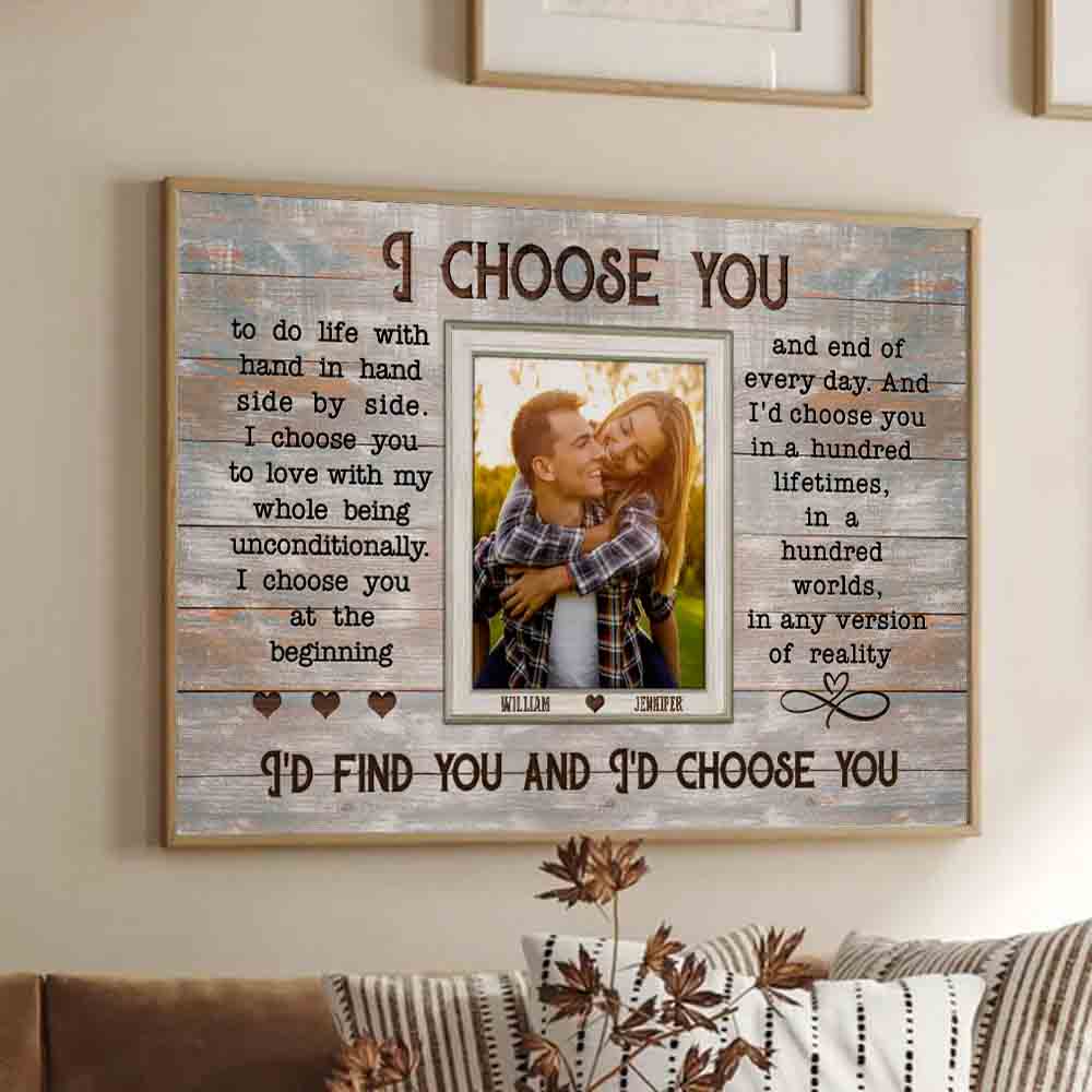 Couple's Custom Photo Wall Decor: Personalized "I Choose You" Canvas poster, framed in a bright living room