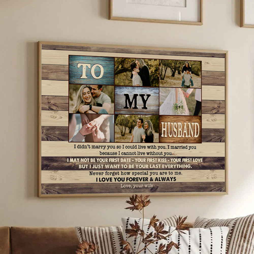 Custom Photo To My Husband poster, framed in a bright living room