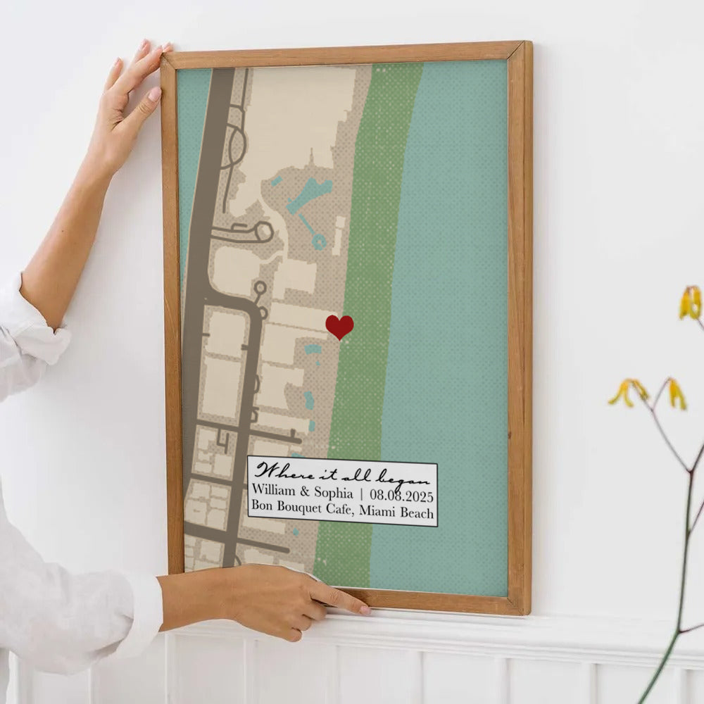 Personalized Where It All Began Where We Met Map Couple poster, framed in a bright living room