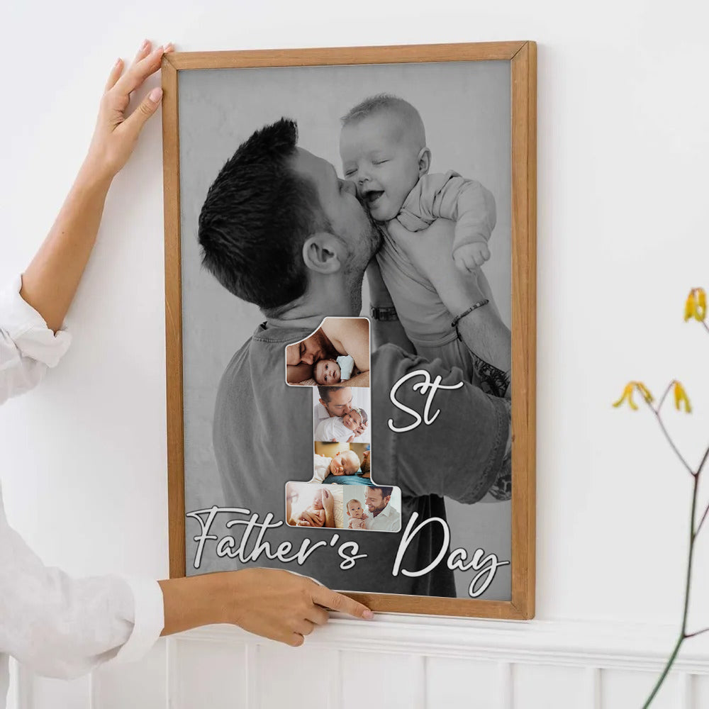 Custom Photo 1st Father's Day poster, framed in a bright living room