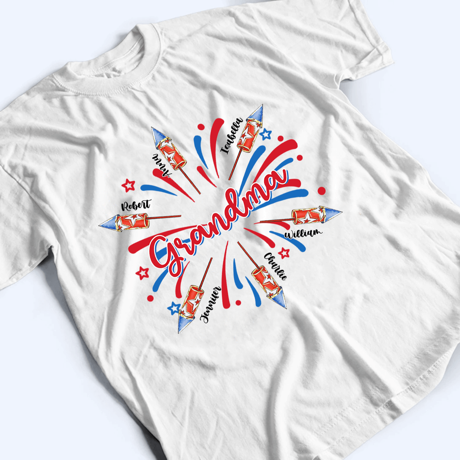 Patriotic 4th of July Grandma With Grandkids Names - Personalized Custom T Shirt - Gift for Grandma/Nana/Mimi, Mom, Wife, Grandparent 4