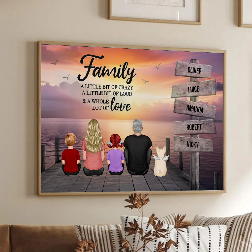 Personalized Retro Vintage Family A Little Whole Lot of Love Sign Posts poster, framed in a bright living room