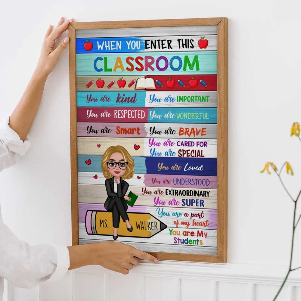 Personalized Colorful Teacher Sitting On Pencil poster, framed in a bright living room