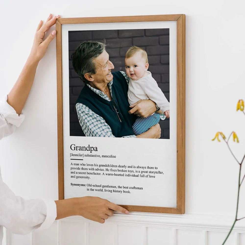 Custom Photo Grandpa Definition poster, framed in a bright living room