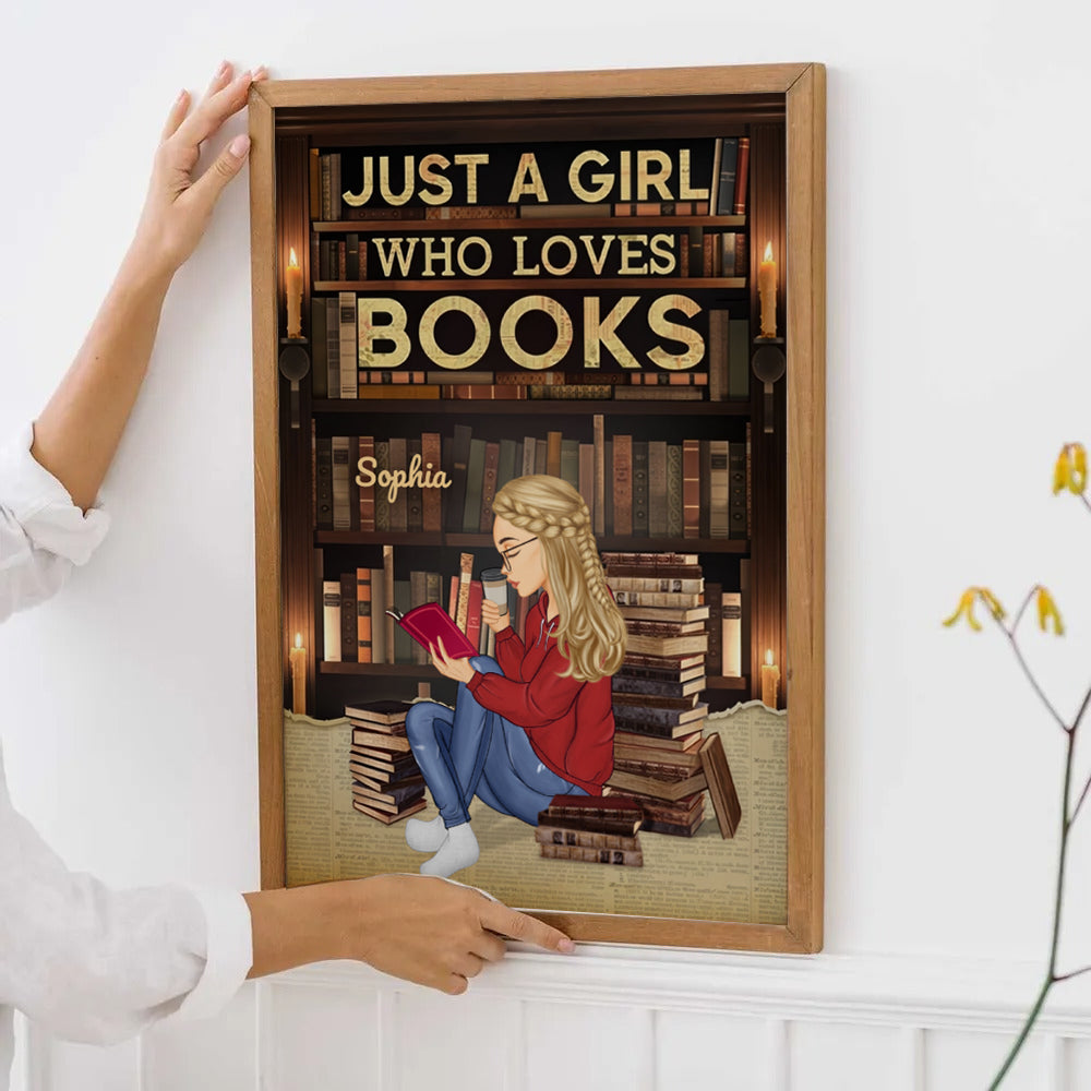 Personalized Just A Girl Who Loves Books Reading canvas print, framed in a bright living room