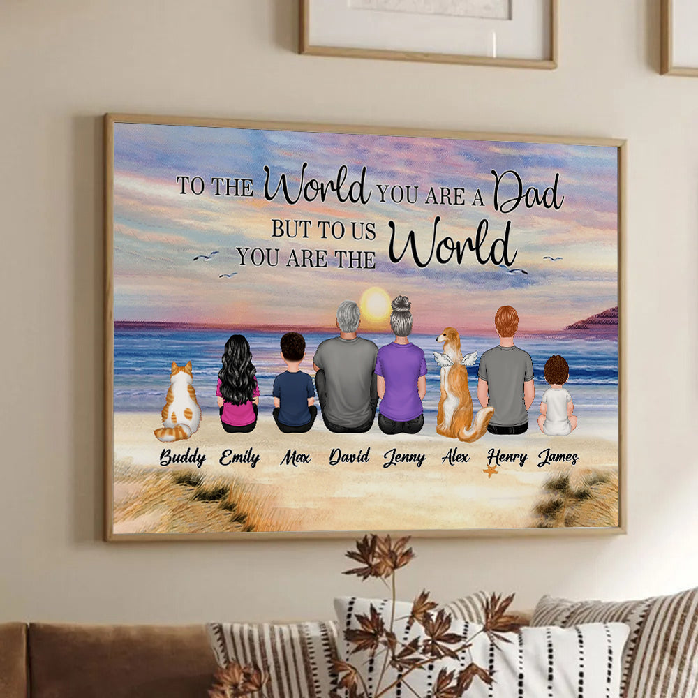Personalized Dad And Sons Daughters Retro Vintage Beach canvas print, size options shown on a sofa wall