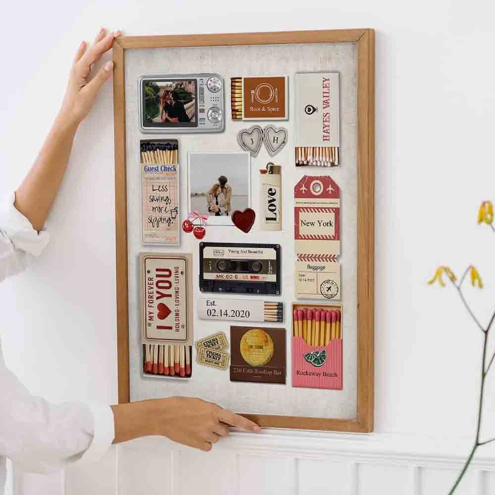 Custom Photo Romantic Couple Matchbox Art poster, framed in a bright living room