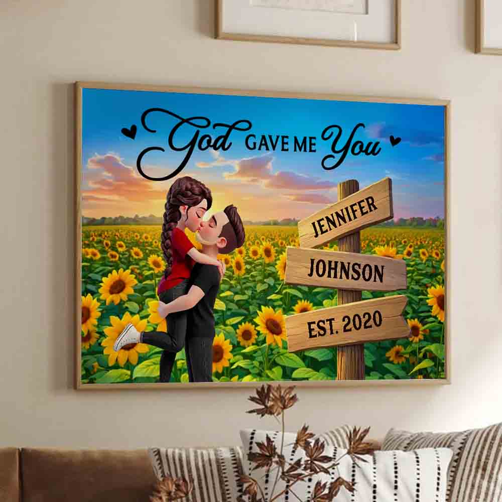 Personalized Couple Hugging Kissing Sunflower Field poster, framed in a bright living room