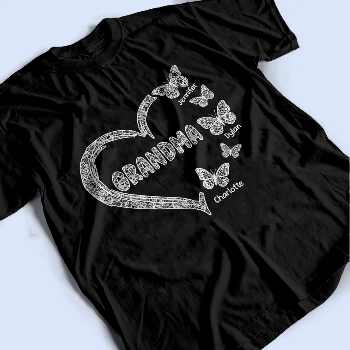Grandma Lace Pattern Butterflies Heart - Personalized Custom T Shirt - Gift For Mom, Grandma, Mama, Nana