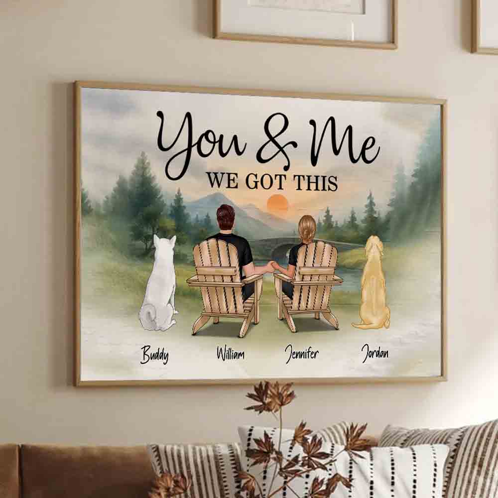 Personalized You & Me and the Dogs Couple canvas print, framed in a bright living room