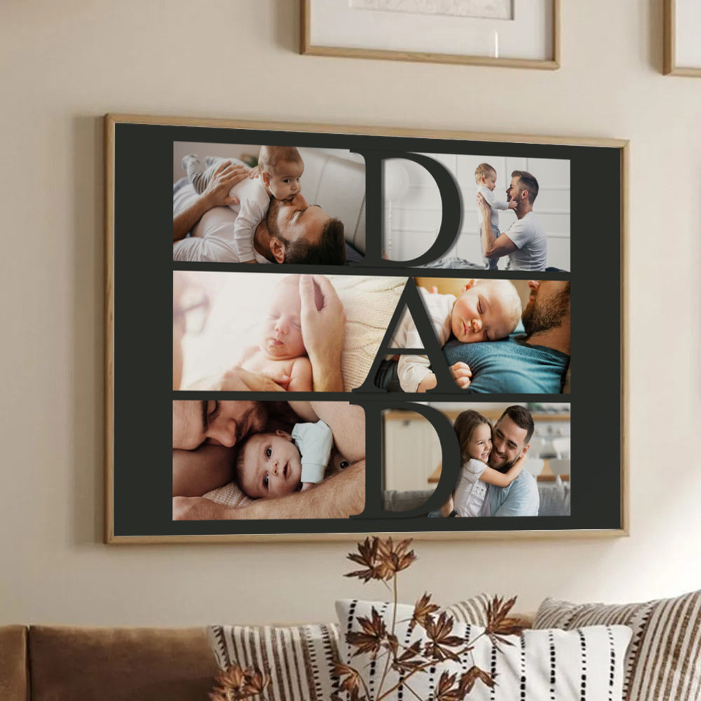 Custom Photo Dad Collage poster, framed in a bright living room