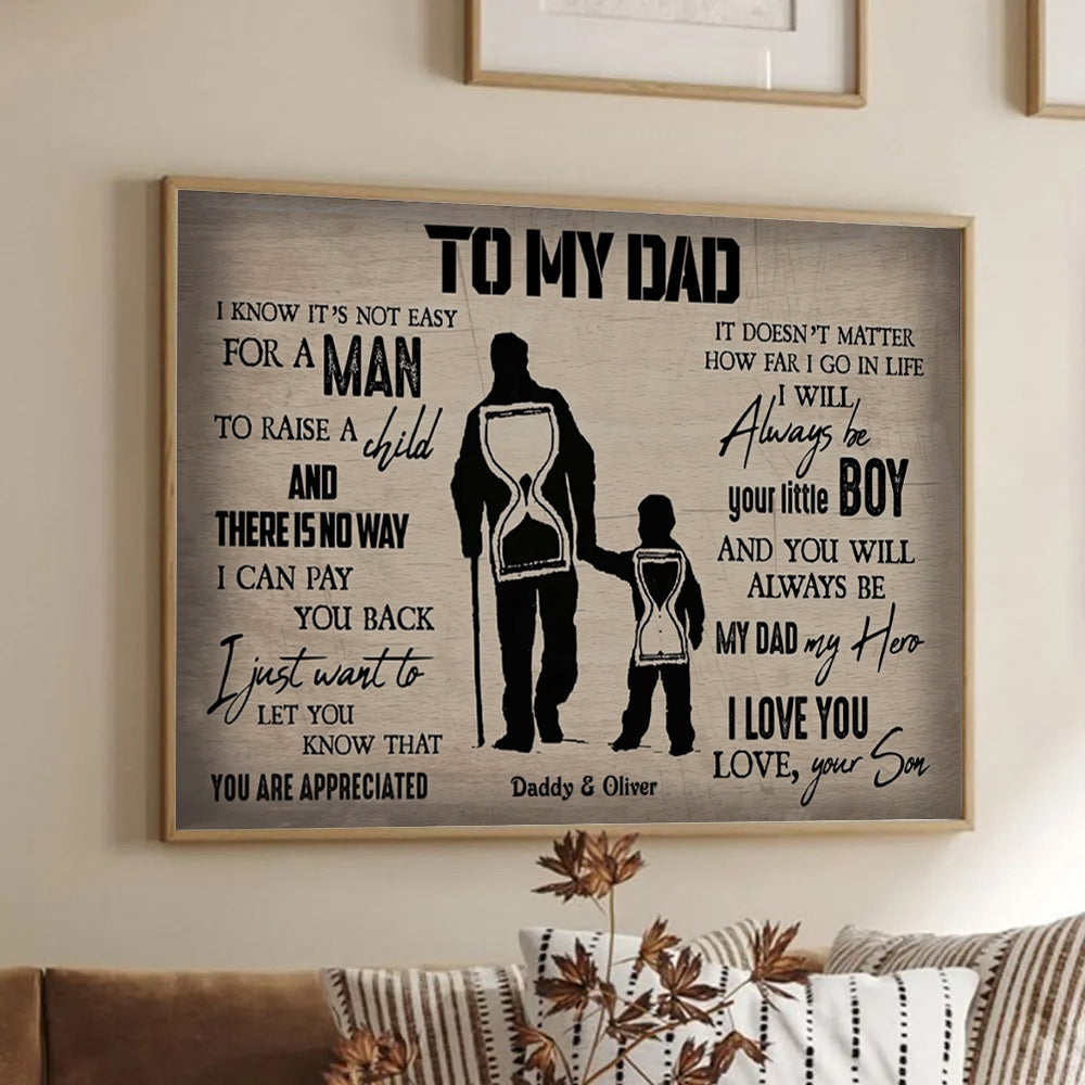 Personalized To My Dad From Son poster, framed in a bright living room
