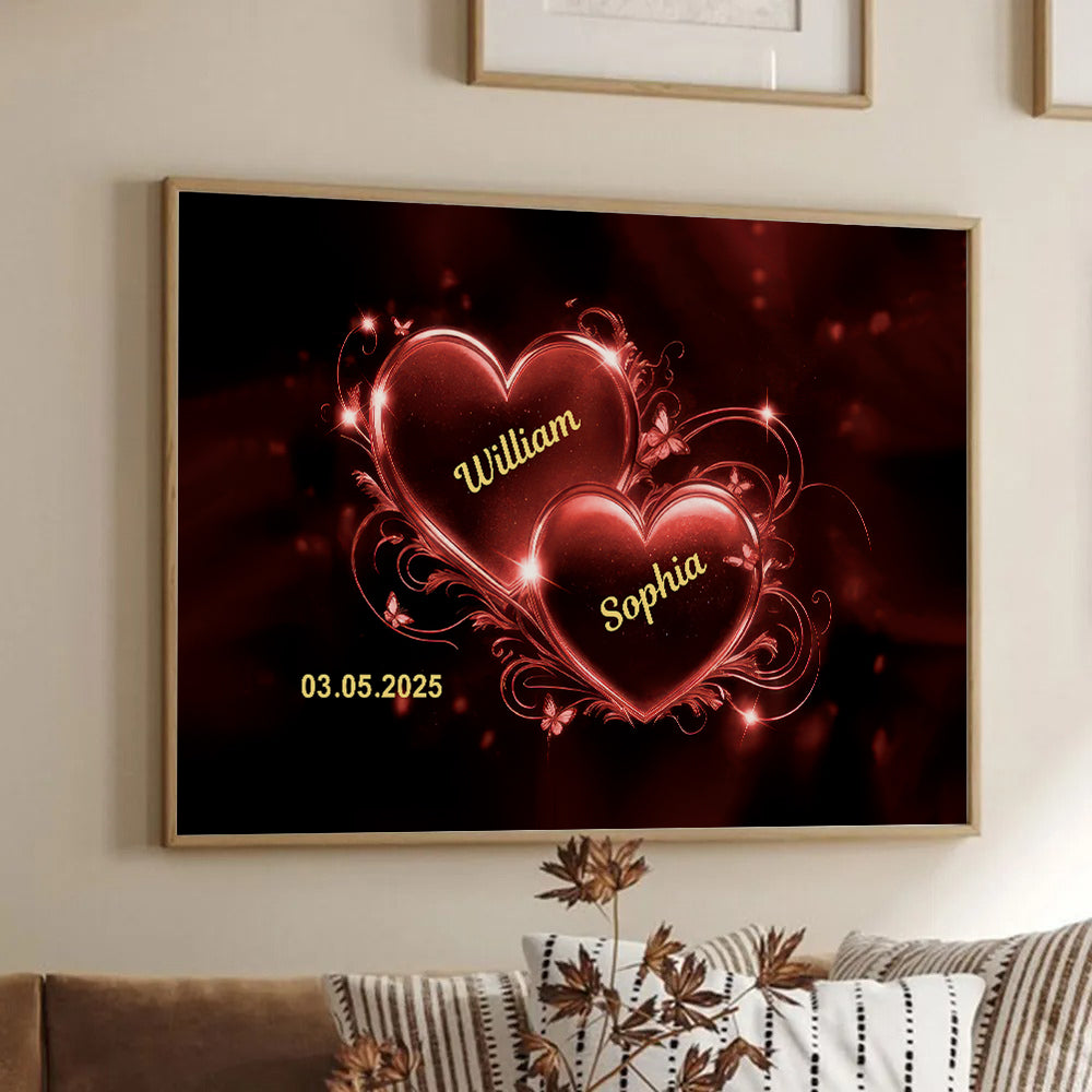 Personalized Romantic Couple Heart canvas print, framed in a bright living room