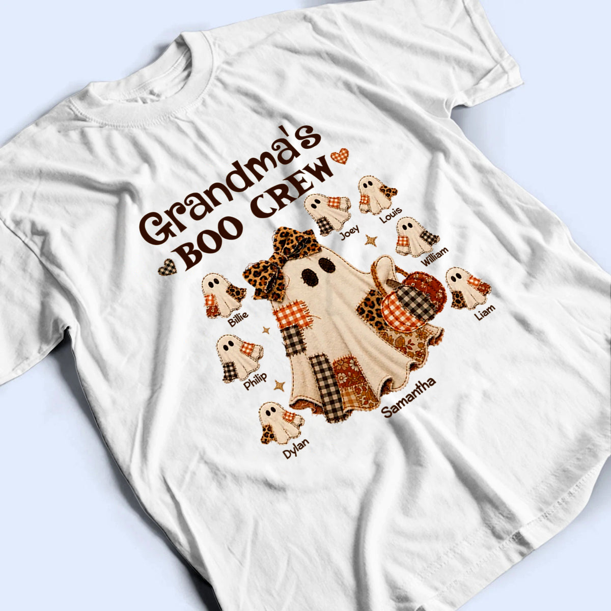Grandma Faux Patchwork Pattern Coquette - Personalized Custom T Shirt - Fall Season, Halloween Gift for Grandma/Nana/Mimi, Mom, Wife