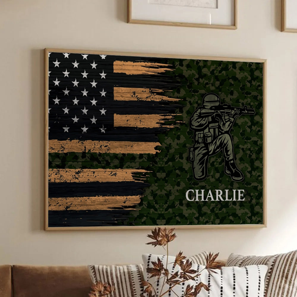 Personalized Half Thin Green Line Patriotic American Flag poster, framed in a bright living room