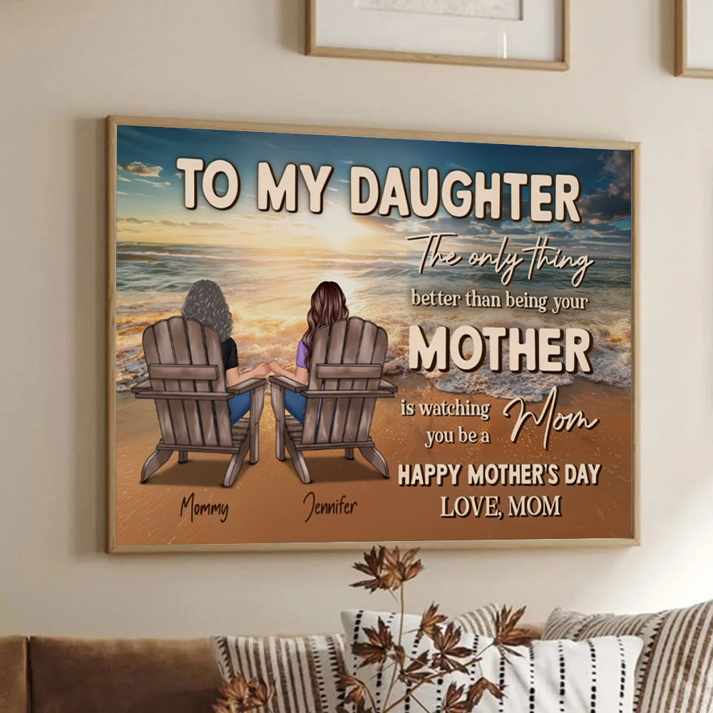 Personalized Beach Landscape To My Daughter From Mom poster, framed in a bright living room