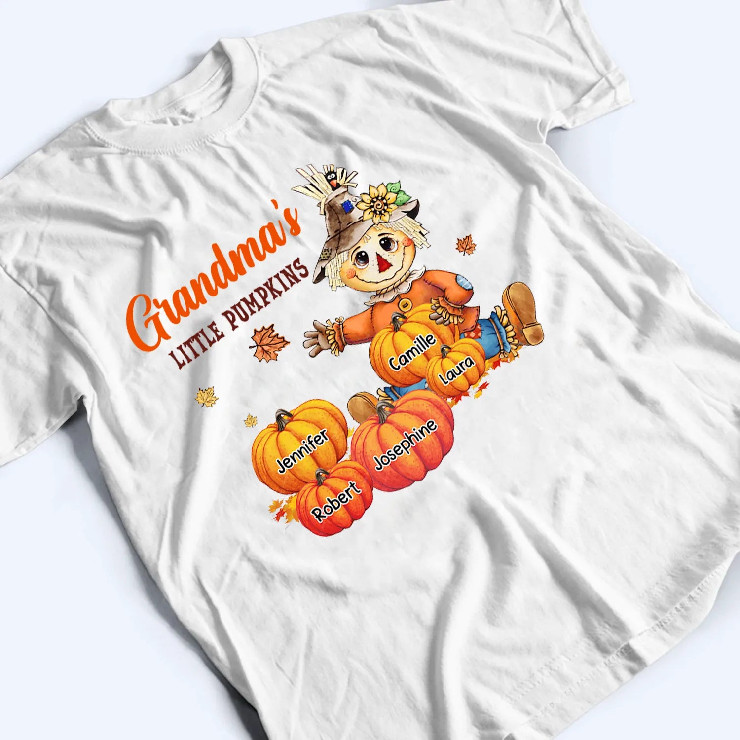 Scarecrow Autumn Grandma's Little Pumpkins - Personalized Custom T Shirt - Fall Season Gift for Grandma/Nana/Mimi, Mom, Wife, Grandparent 4