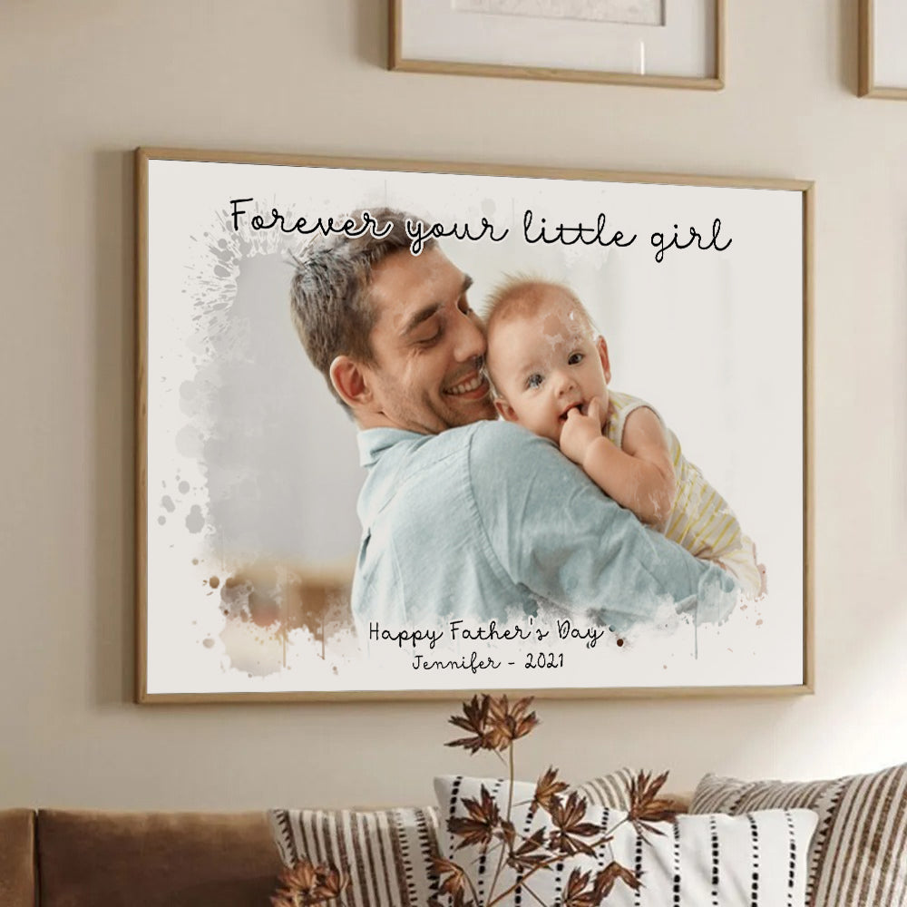 Custom Photo Dad and Kid Portrait poster, framed in a bright living room
