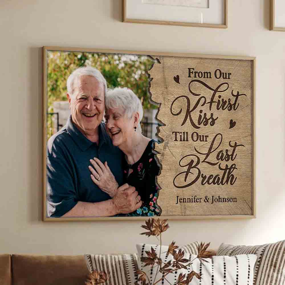 Custom Photo Till Our Last Breath Couple poster, framed in a bright living room