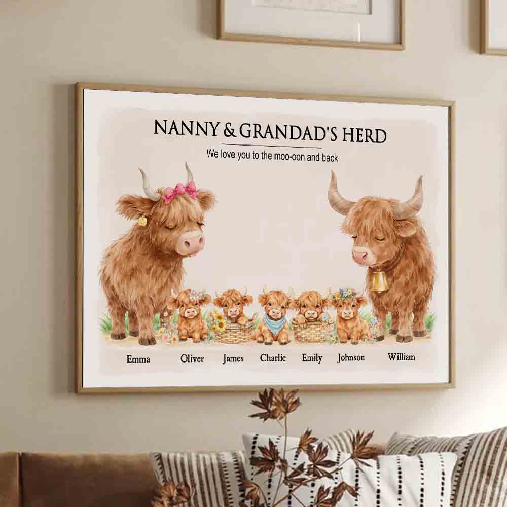 Grandparents's Herd Highland Cow Family - Personalized Poster/Canvas Prints - Gift For Grandma, Grandpa, Grandparents