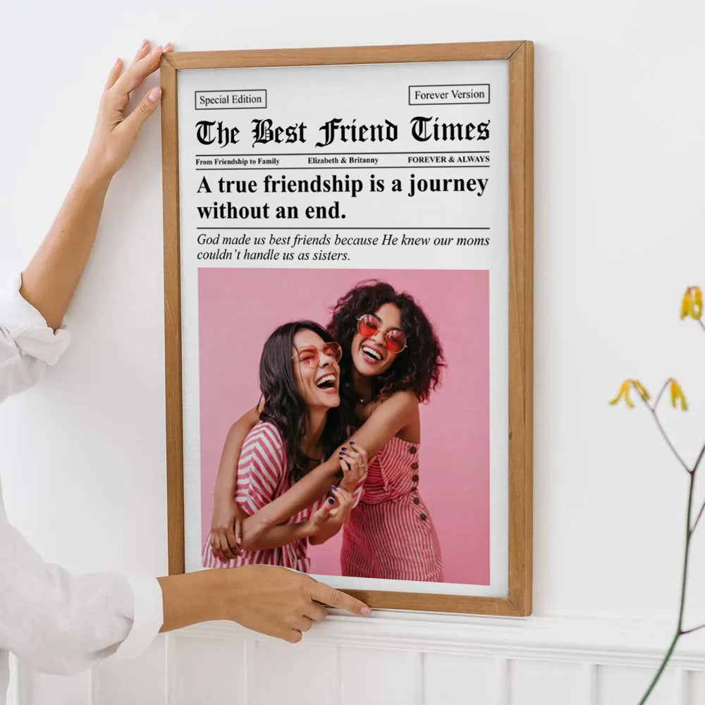 Custom Photo Newspaper The BFF Times poster, framed in a bright living room