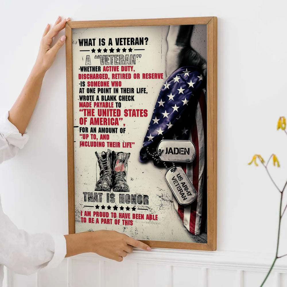 Personalized Name Proud Veteran poster, framed in a bright living room