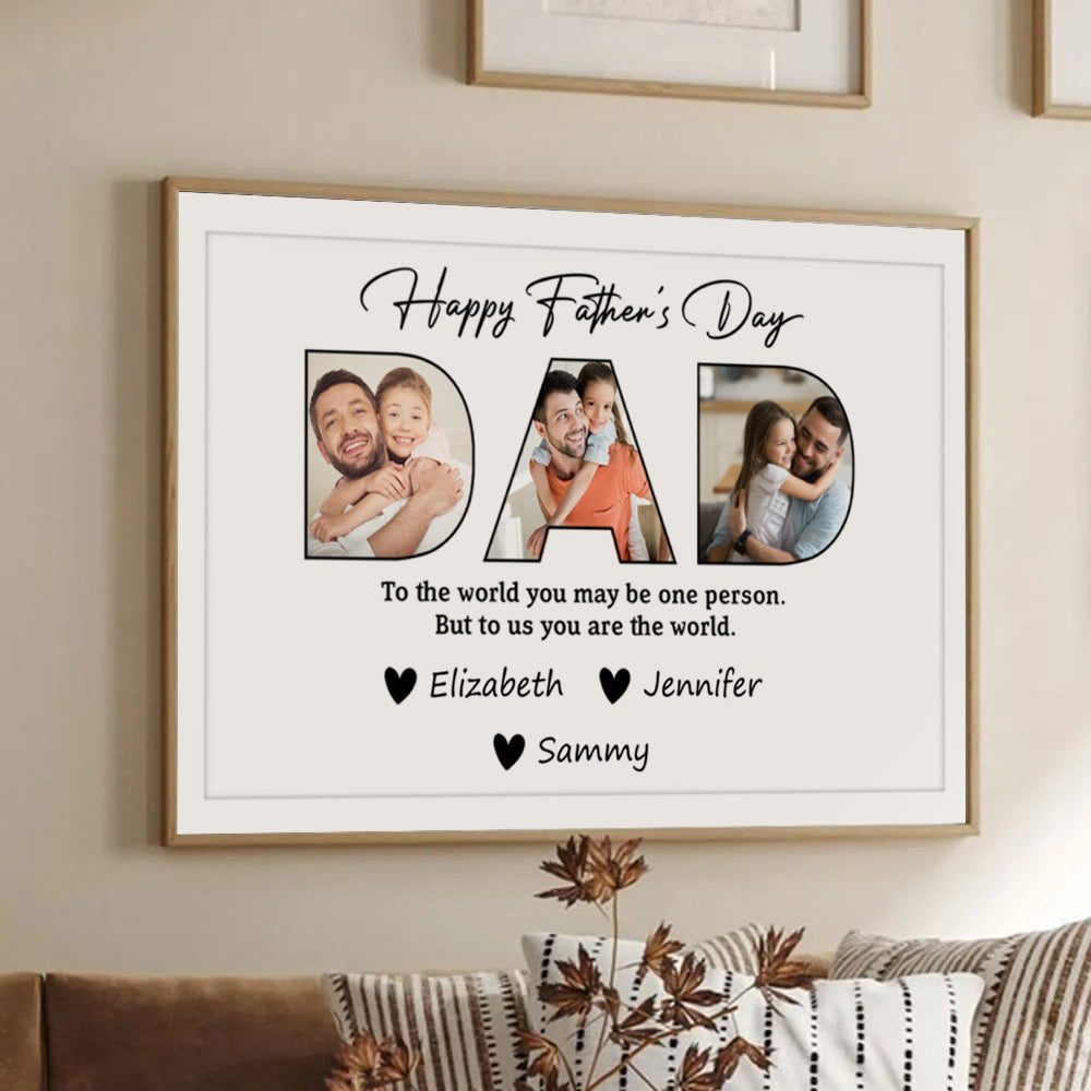Custom Photo Happy Father's Day To Dad poster, framed in a bright living room