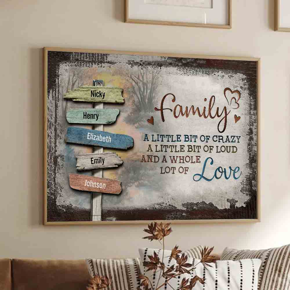 Family sign-post canvas "A little bit of crazy, a whole lot of love", framed in a bright living room