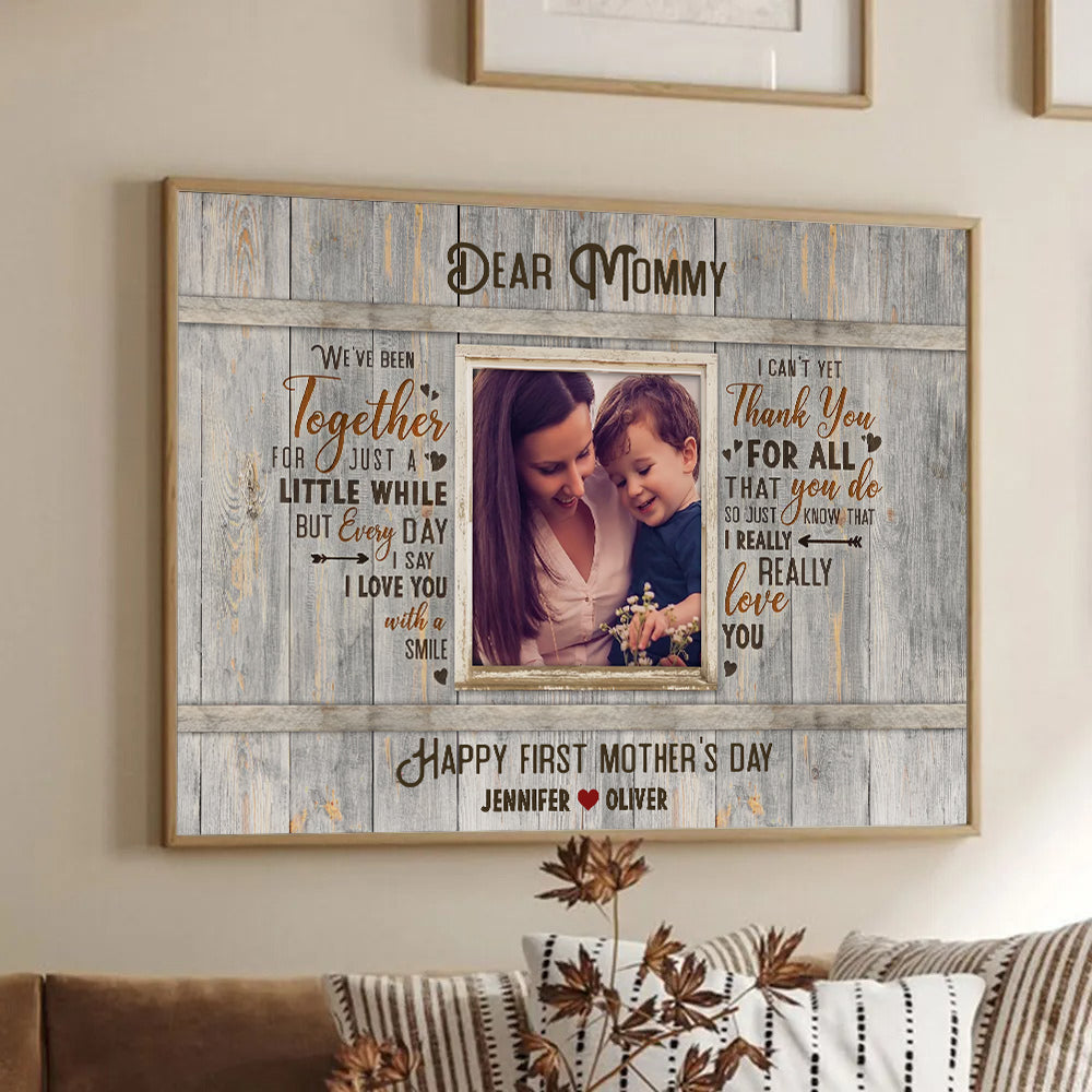 Personalized Happy First Time Mother’s Day poster, framed in a bright living room