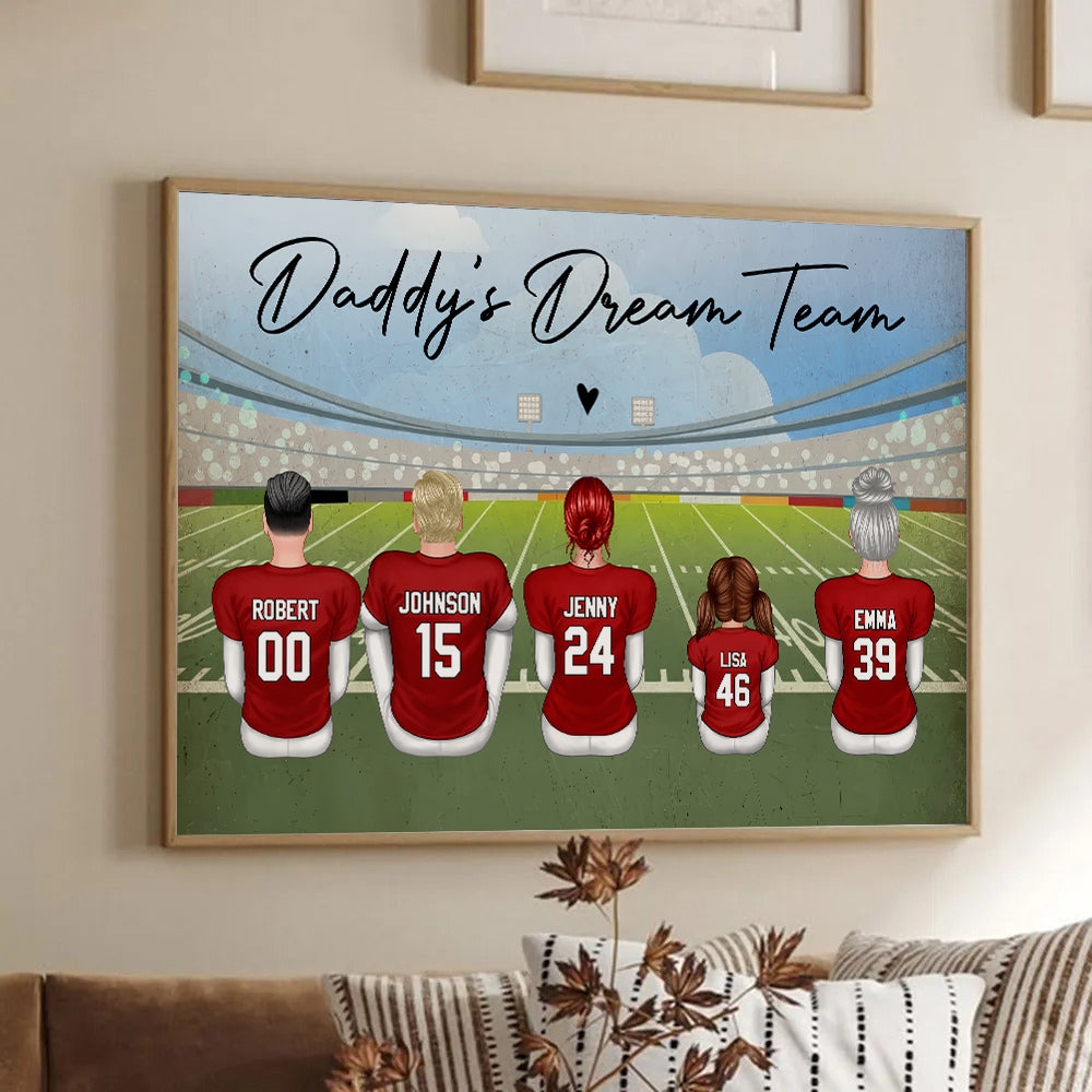 Personalized Football Dad Grandpa Dream Team poster, framed in a bright living room
