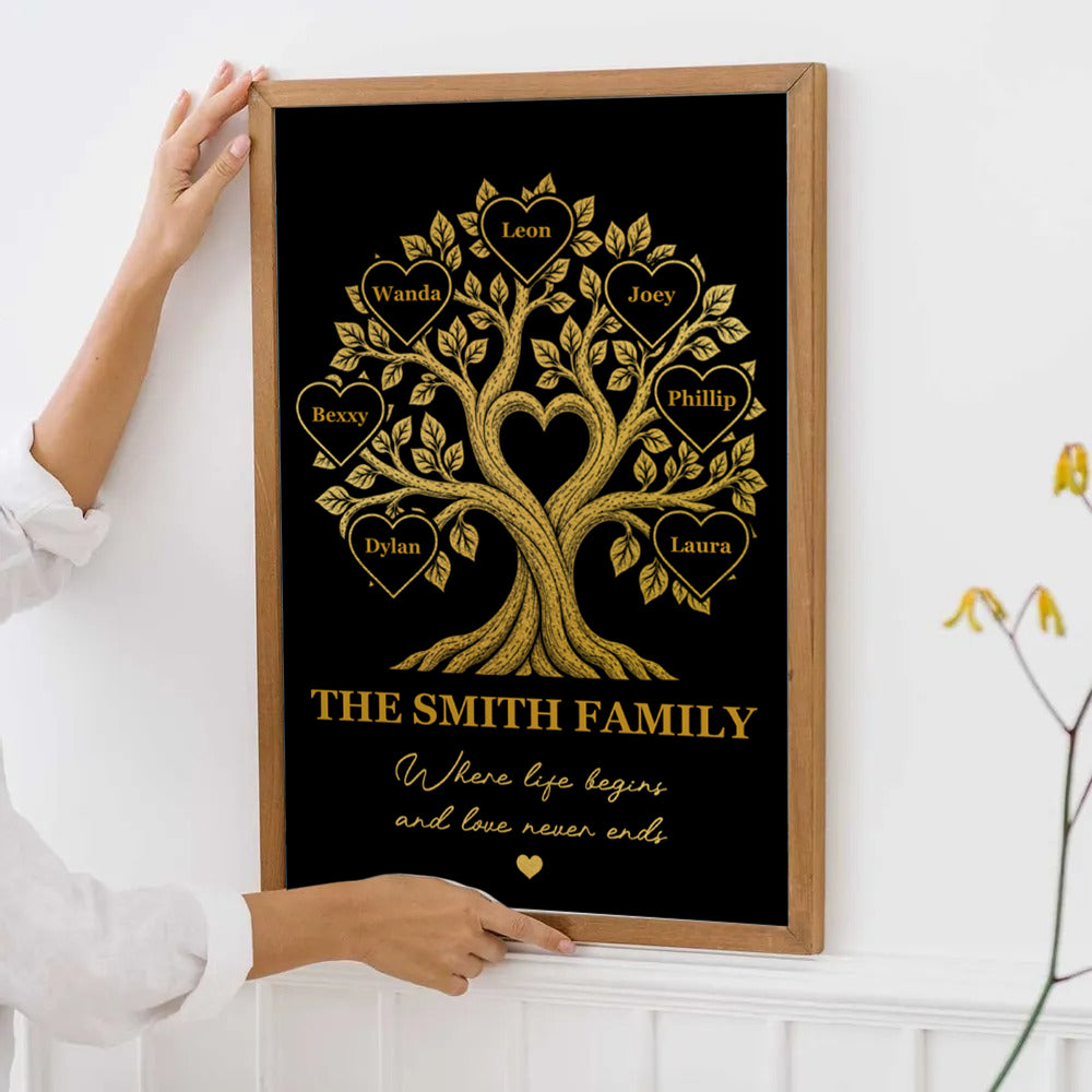Family Tree With Names Where Life Begins And Love Never Ends - Personalized Poster/Canvas Prints - Gift For Family Members, Mom and Dad
