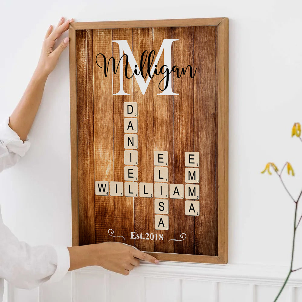 Personalized Family Name Crossword Puzzle Art canvas print, framed in a bright living room
