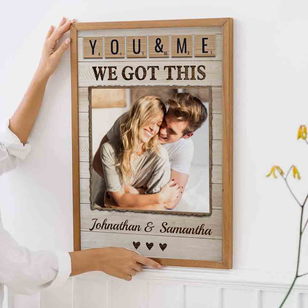 Custom Photo Couple Together Is Our Favorite Place To Be poster, framed in a bright living room