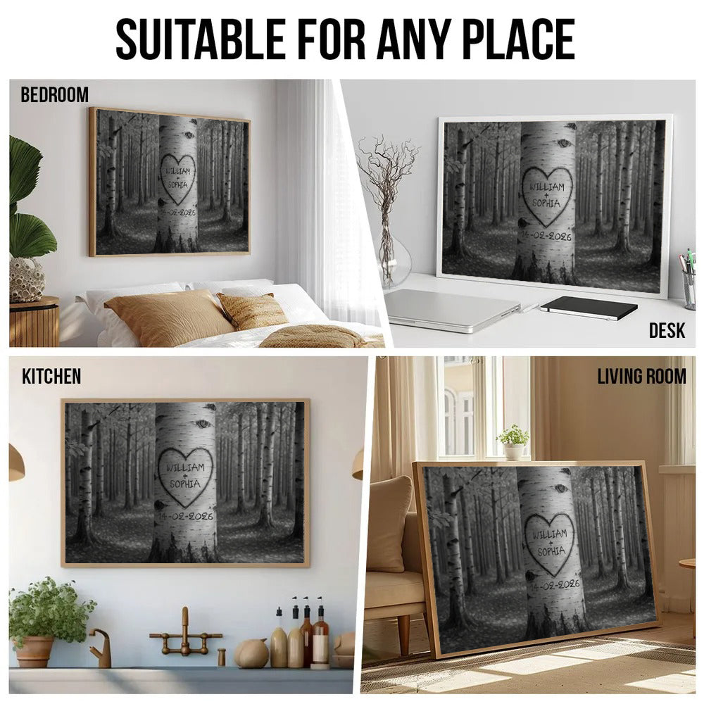 Personalized Couple Names Tree Carving Heart canvas print, room placement ideas for bedroom, desk, kitchen and living room