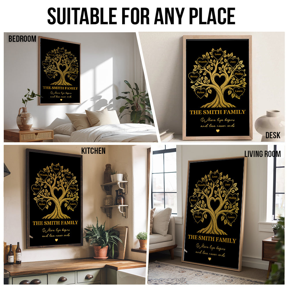 Family Tree With Names Where Life Begins And Love Never Ends - Personalized Poster/Canvas Prints - Gift For Family Members, Mom and Dad