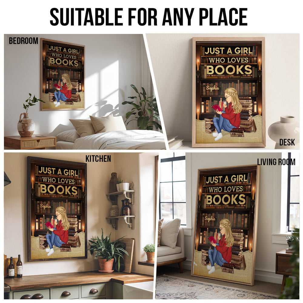 Personalized Just A Girl Who Loves Books Reading canvas print, room placement ideas for bedroom, desk, kitchen and living