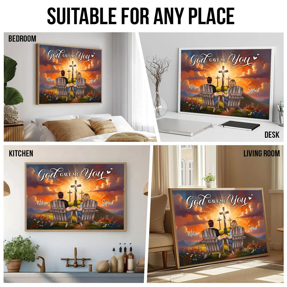 Cross God Gave Me You Couple Sitting - Personalized Poster/Canvas Prints - Gift For Her/Him, Husband/Wife, Couples on Anniversary, Valentine's Day
