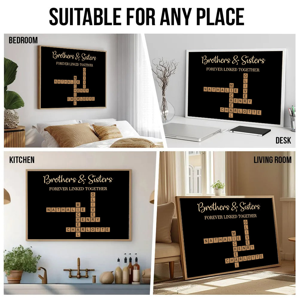 Personalized Crossword Puzzle Art Brothers & Sisters Forever Linked Toget canvas print, room placement ideas for bedroom