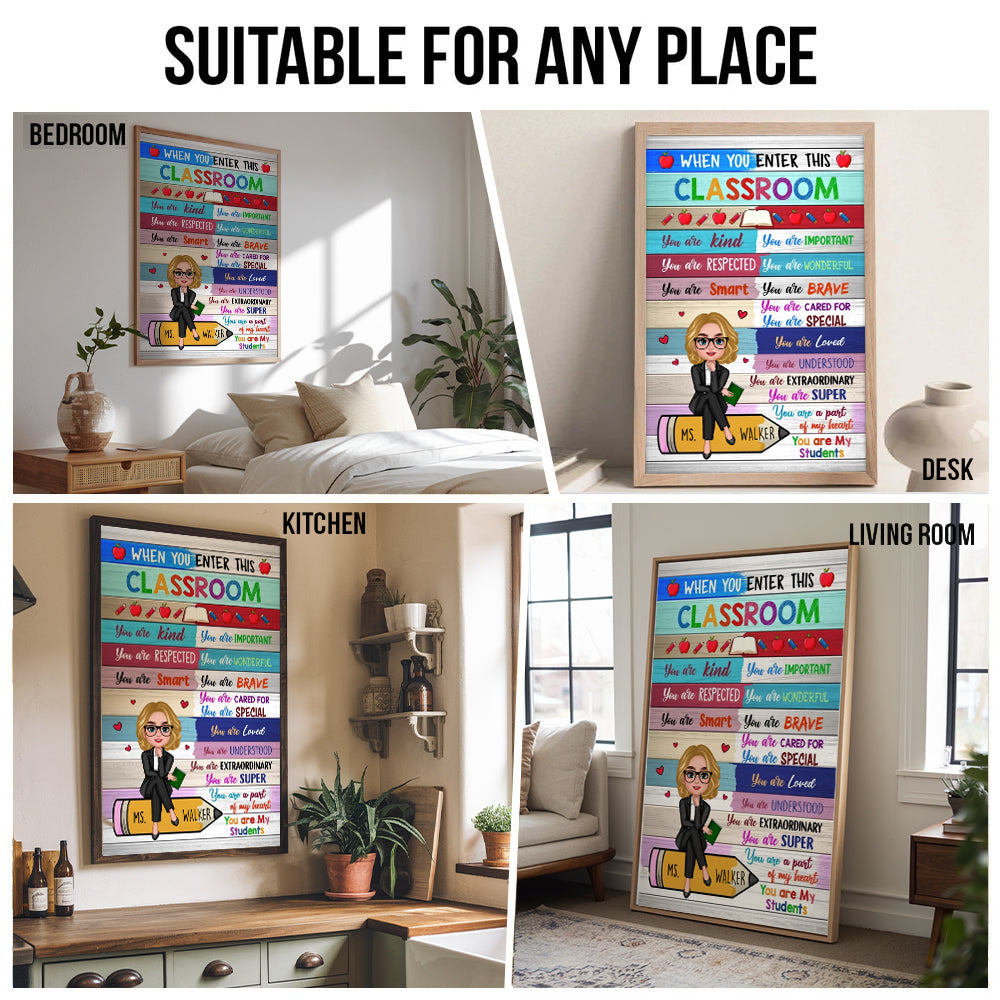 Colorful Teacher Sitting On Pencil - Personalized Poster - Back To School, 1st Day of School - Custom Gift For Teachers & Educators, Classroom Decoration