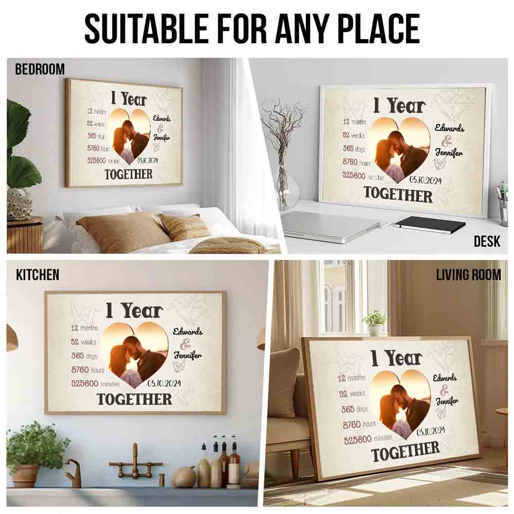 Personalized Custom Photo 1 Year Together Heart-Shaped Couple canvas print, room placement ideas for bedroom, desk