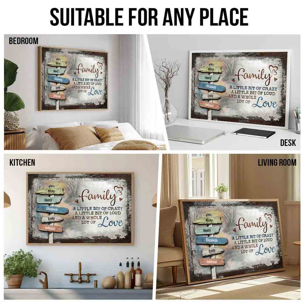 Family sign-post canvas "A little bit of crazy, a whole lot of love", room placement ideas for bedroom, desk, kitchen and