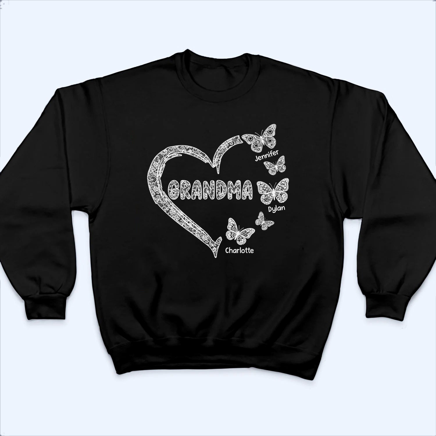 Grandma Lace Pattern Butterflies Heart - Personalized Custom T Shirt - Gift For Mom, Grandma, Mama, Nana
